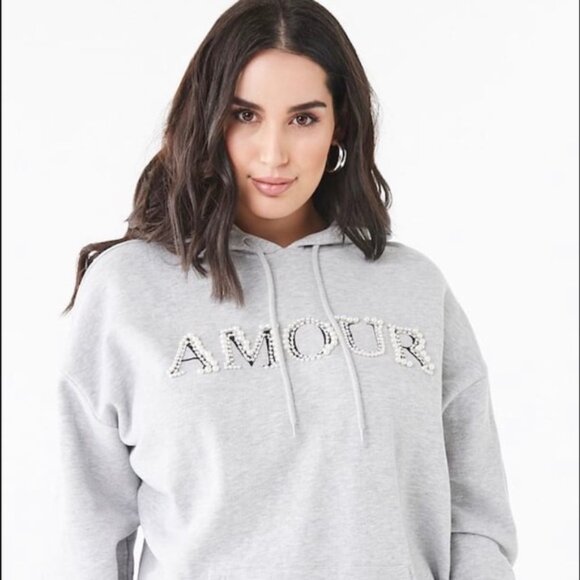 Forever 21 Amour Grey Hoodie Pearls Crystals Sz L Kangaroo Pocket Embellished - Picture 2 of 13